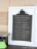 Chalkboard kitchen charts including this ingredient substitutions chart hanging on a white picture frame in the kitchen.