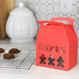 Red Christmas Cookie box with cutout gingerbread cookie shapes for decor.