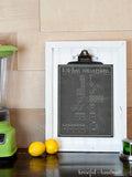 Cooking charts include this mint colored writing on printable kitchen conversions chart on white frame.