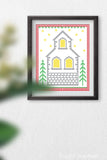 Printable art that looks like a cross-stitched Christmas church.