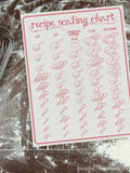 Red and cream kitchen charts include printable recipe scaling chart on a floured surface.