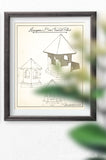 Hexagon bird feeder plans as sketched vintage art.