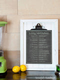 Chalkboard ingredient substitutions chart on a clipboard picture frame.