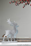 Close up of the Christmas reindeer decorations on the mantel in front of a mirror.