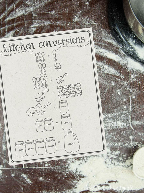 Printable cooking conversions chart on a flour dusted table.