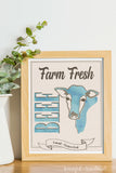 Farm fresh beef sign with cow face in a frame.
