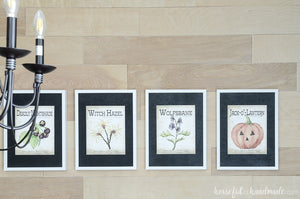 Wolfsbane and jack-o-lantern seed packet art framed with black mats and white frames. The perfect printable Halloween art.