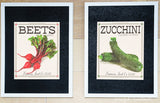 Printable vegetable art of beet and zucchini vintage seed packets.